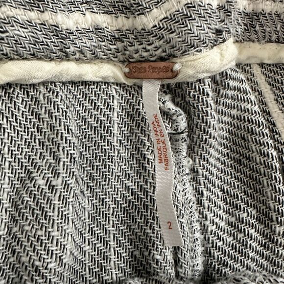 Free People Casual Cream & Black Tweed Stripe Crop Trouser Pants Tie Belt 2 - Picture 5 of 12